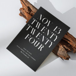 ブラックタイのモダンウェディング。ミニマルフォーマルシンプル セーブザデート