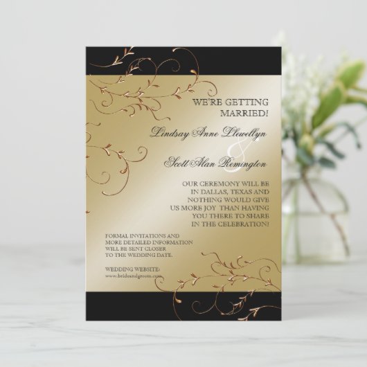 ブラックタイの優雅さ、金の結婚式の招待状を事前に保存 招待状 (スタンド正面)