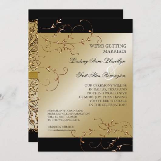 ブラックタイの優雅さ、金の結婚式の招待状を事前に保存 招待状