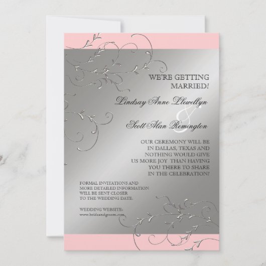 ブラックタイエレガンス、シルバーセーブ・ザ・デイト招待状 セーブザデート (正面)