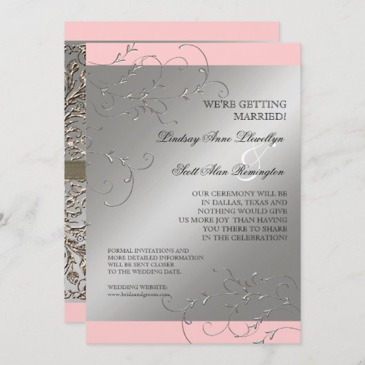 ブラックタイエレガンス、シルバーセーブ・ザ・デイト招待状 セーブザデート (正面/裏面)