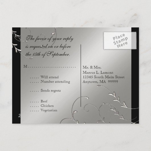 ブラックタイエレガンス、RSVPレスポンスカードポストカード インビテーションポストカード (裏面)