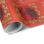 ブラックタイガー中国の〔占星術の〕十二宮図アニマルレッドと金ゴールド ラッピングペーパー (ロールコーナー)