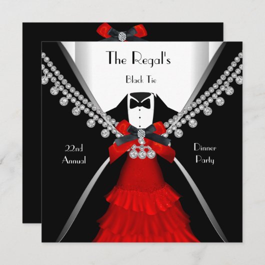 ブラックタイディナーホワイトレッドボウパーティー 招待状 (正面/裏面)