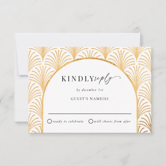 ブラックタイフォーマル金ゴールドアールデコ結婚式RSVP 出欠カード (正面)