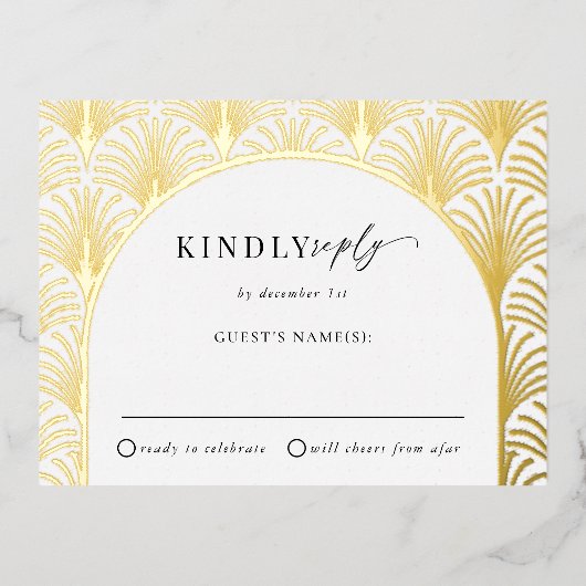 ブラックタイフォーマル金ゴールドアールデコ結婚式RSVP 箔招待状ポストカード (正面)