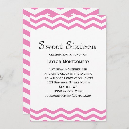 ブラックタイプ&ピンクシェブロンスイート16招待状 招待状 (正面/裏面)