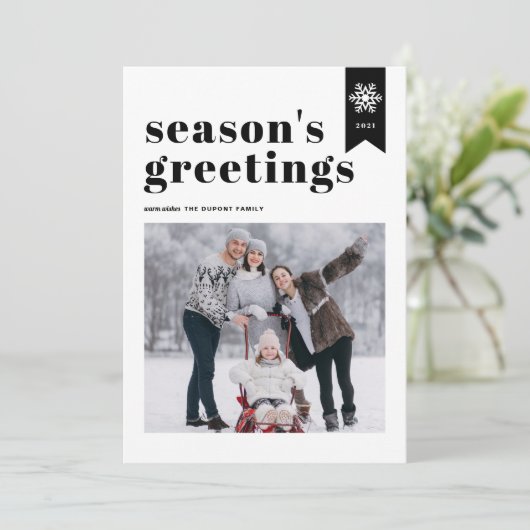 ブラックタイポグラフィスノーフレーク季節のごあいさつ写真 シーズンカード (スタンド正面)