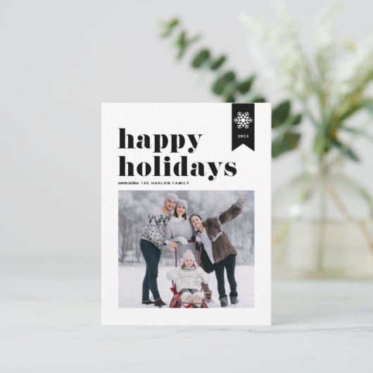 ブラックタイポグラフィスノーフレークHappy Holidays写真 シーズンポストカード (スタンド正面)