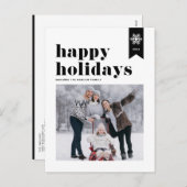 ブラックタイポグラフィスノーフレークHappy Holidays写真 シーズンポストカード (正面/裏面)