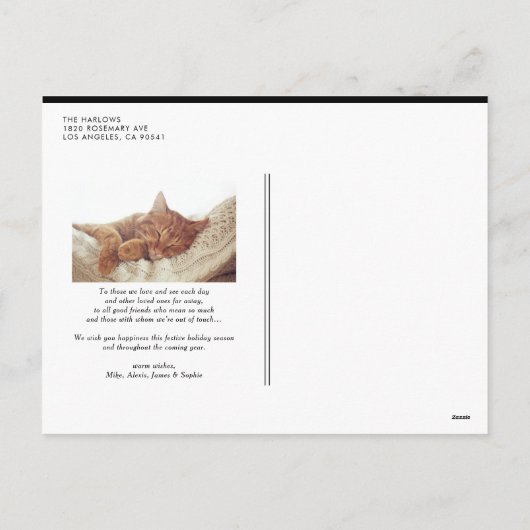 ブラックタイポグラフィスノーフレークHappy Holidays写真 シーズンポストカード (裏面)