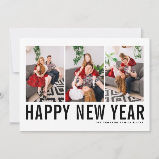 ブラックタイポグラフィハッピーニューイヤー写真コラージュ シーズンカード (正面)