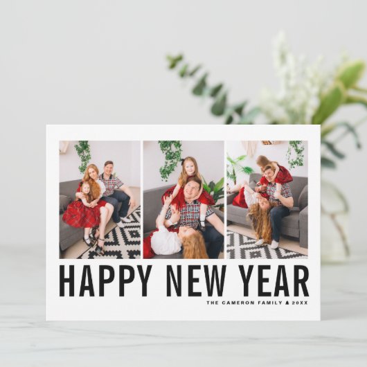 ブラックタイポグラフィハッピーニューイヤー写真コラージュ シーズンカード (スタンド正面)
