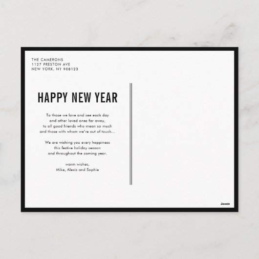 ブラックタイポグラフィフォトコラージュ新年 シーズンポストカード (裏面)