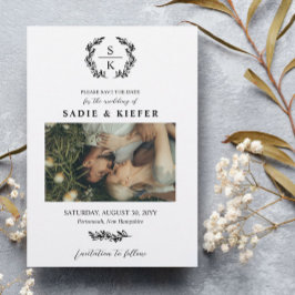 ブラックタイポグラフィローレルリースモノグラムフォト セーブザデート