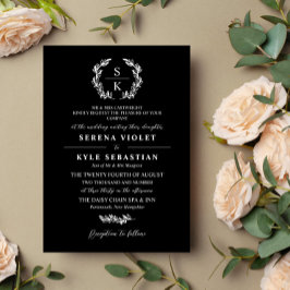 ブラックタイポグラフィローレルリースモノグラム結婚ズ 招待状