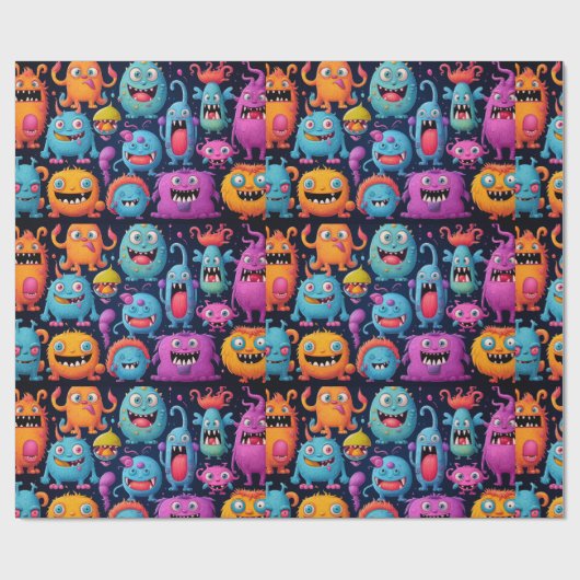 ブラックタイルにカラフルモンスターの幸せなグループ ラッピングペーパー (フラット)