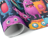 ブラックタイルにカラフルモンスターの幸せなグループ ラッピングペーパー (ロールコーナー)