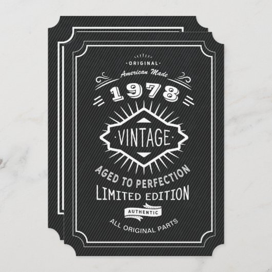 ブラックタイヴィンテージ40歳誕生日パーティー 招待状 (正面/裏面)