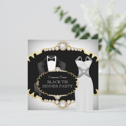 ブラックタイ企業のディナーパーティーホワイト金ゴールド 招待状 (スタンド正面)