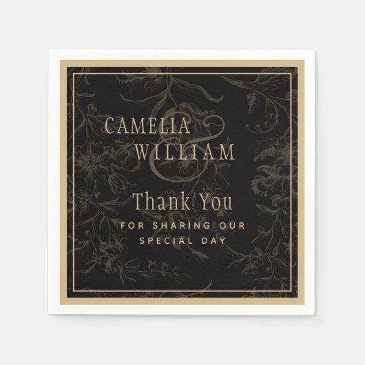 ブラックタイ結婚のテーマヴィンテージ金ゴールドダマスク スタンダードカクテルナプキン (正面)