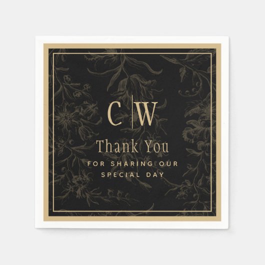ブラックタイ結婚のテーマヴィンテージ金ゴールドダマスク スタンダードカクテルナプキン (正面)