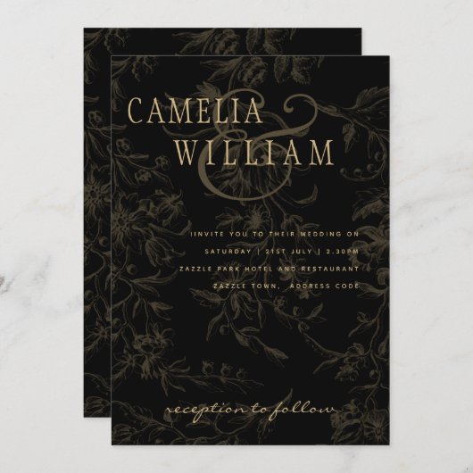 ブラックタイ結婚のテーマヴィンテージ金ゴールドダマスク 招待状 (正面/裏面)