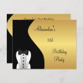 ブラックタイ21th誕生日パーティーブラック&金ゴールド 招待状 (正面/裏面)