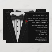 ブラックタキシードに蝶ネクタイと赤い薔薇 招待状 (正面/裏面)