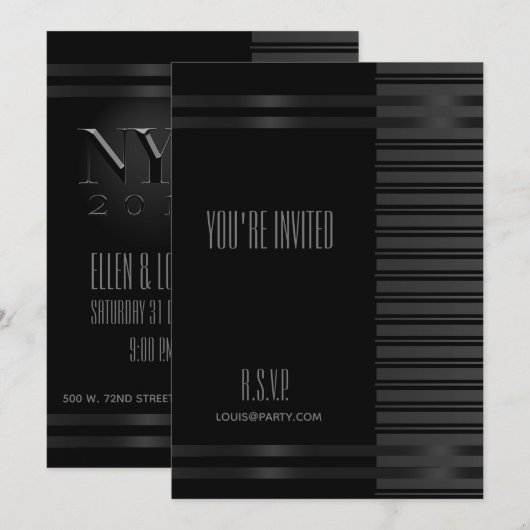 ブラックタキシードストライプ NYE フォーマル エレガント インビテーション (正面/裏面)