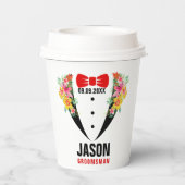 ブラックタキシードレッドボウタイ&グロムスマントテキスト紙クー 紙コップ (裏面)