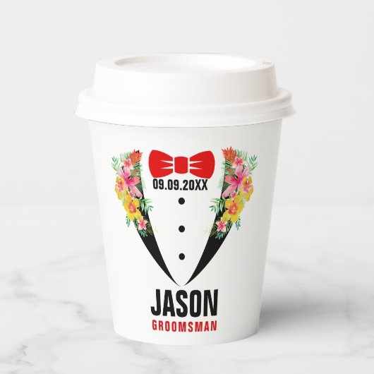 ブラックタキシードレッドボウタイ&グロムスマントテキスト紙クー 紙コップ (正面)