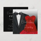 ブラックタキシード レッドドレス 誕生日パーティー 招待状 (正面/裏面)