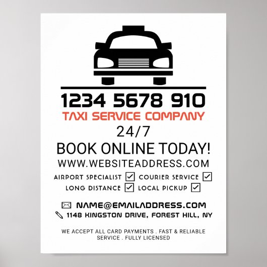 ブラックタクシーのタクシーのロゴ、タクシーのタクシー会社広告の ポスター (正面)