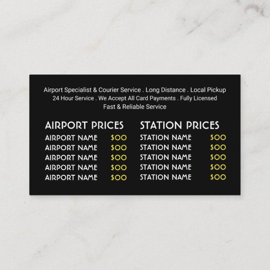 ブラックタクシータクシーの丸いロゴ、価格表 名刺 (裏面)