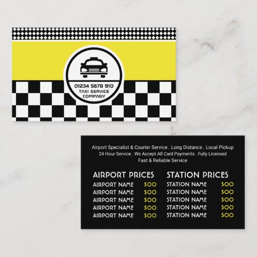 ブラックタクシータクシーの丸いロゴ、価格表 名刺 (正面/裏面)