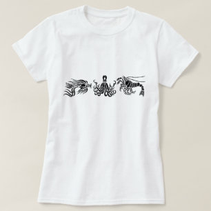 ブラックタコロブスター&フィッシュイラストレーション Tシャツ