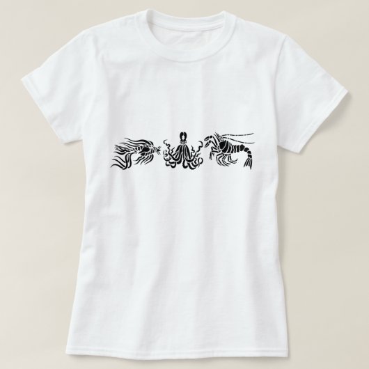 ブラックタコロブスター&フィッシュイラストレーション Tシャツ (デザイン正面)