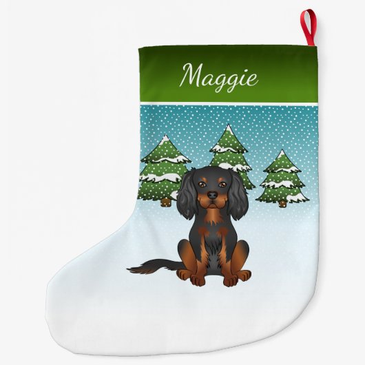 ブラックタンカバリエールキングチャールズスパニエル犬イン冬 ラージクリスマスストッキング (裏面)