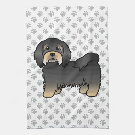 ブラックタン・ハバニーズの可愛いキャラクター犬 キッチンタオル (縦)