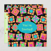 ブラックターコイズカラフルパッチワークキルトブロックアート 招待状 (正面/裏面)