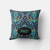 ブラックターコイズティール(緑がかった色)ダマモダンスクフローラモノグラム クッション (裏面)