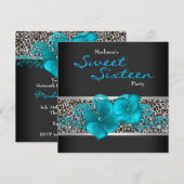 ブラックターコイズブルーのヒョウ柄 誕生日パーティー 招待状 (正面/裏面)