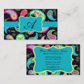 ブラックターコイズモダンペイズリーパターンモノグラム 名刺 (正面/裏面)