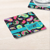 ブラックターコイズモノグラムパーソナライズされたモダンペイズリー スクエアペーパーコースター (アングル)