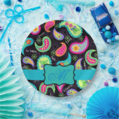 ブラックターコイズモノグラムパーソナライズされたモダンペイズリー ペーパープレート (パーティー)