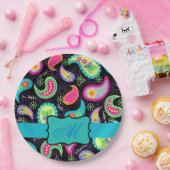 ブラックターコイズモノグラムパーソナライズされたモダンペイズリー ペーパープレート (パーティー)