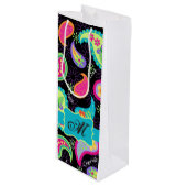 ブラックターコイズモノグラムパーソナライズされたモダンペイズリー ワインギフトバッグ (正面アングル)