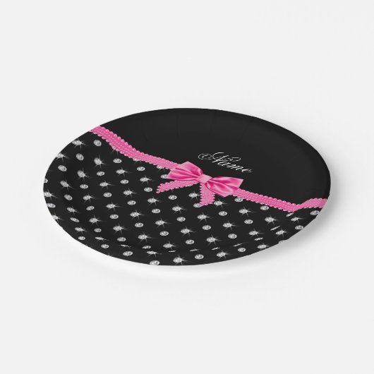 ブラックダイヤパーソナライズされたズピンクボウ ペーパープレート (アングル)