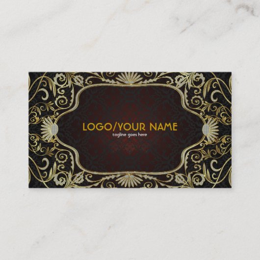 ブラックダイヤモンドと金ゴールドパターンヴィンテージフローラフレーム 名刺 (正面)
